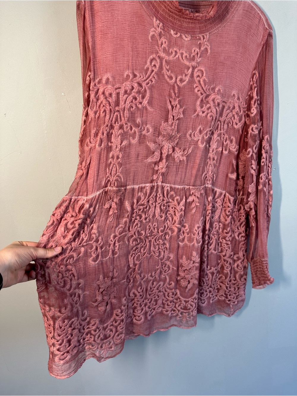 Soft Surroundings Mock Neck Silk Embroidered Blouse Size L Romantic Feminine - Picture 4 of 11